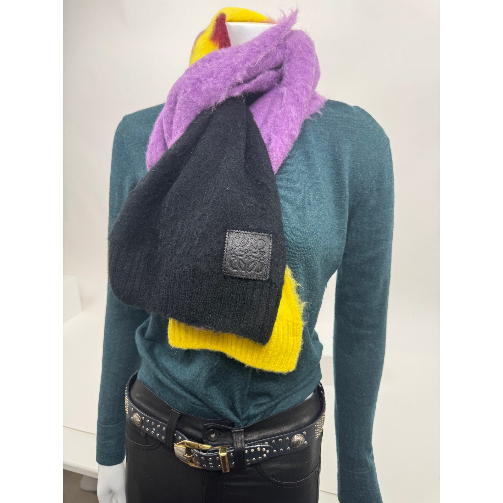 Loewe Intarsia Abstract Multicolor Wrap Knit Wool Blend Scarf