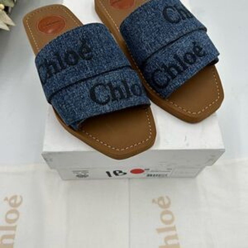 Women’s Chloe woody logo embroidered denim sandals size 38 made in Italy