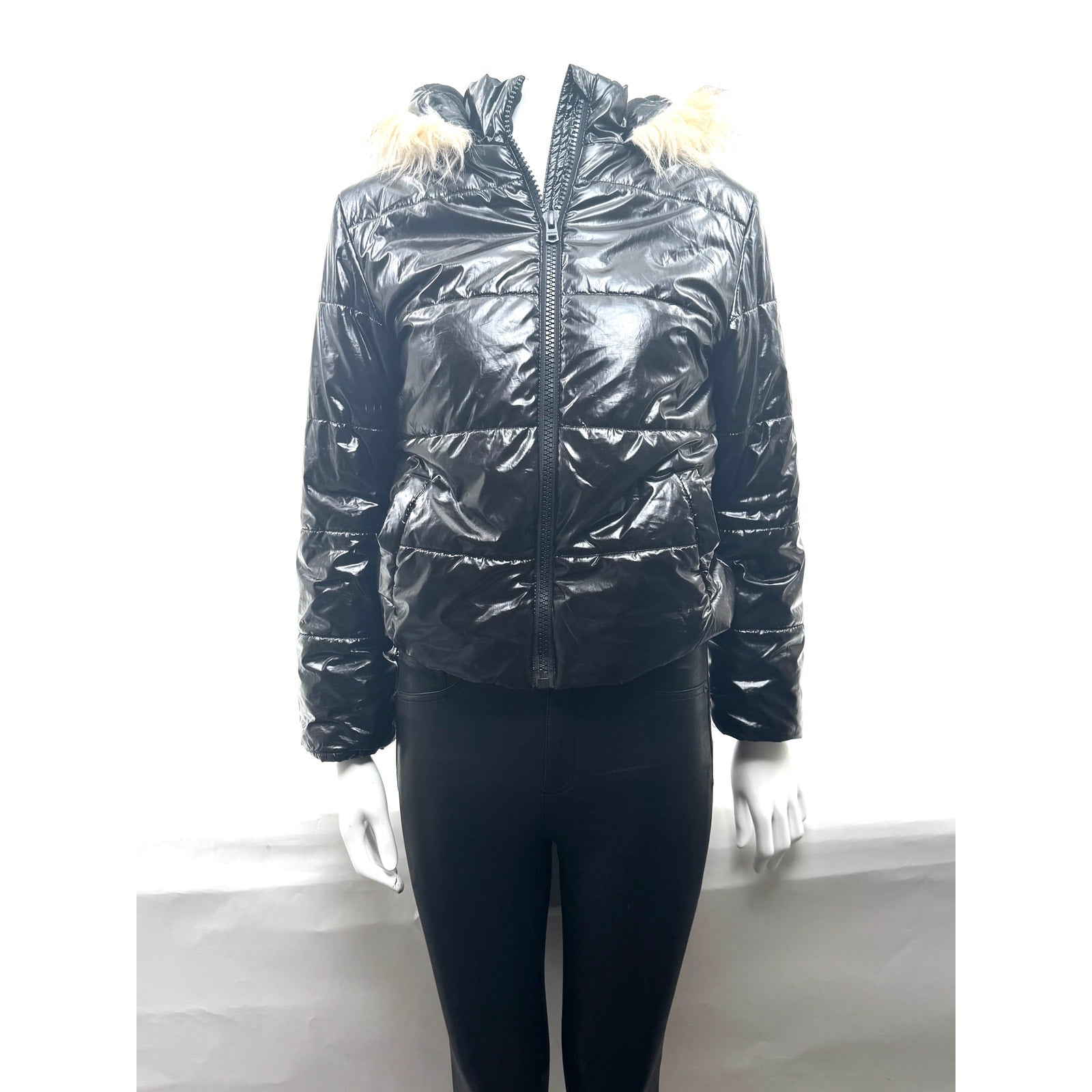 Kids Hudson Black Shiny Puffer Jacket with Faux Fur Hood Size L Fits Women’s XS
