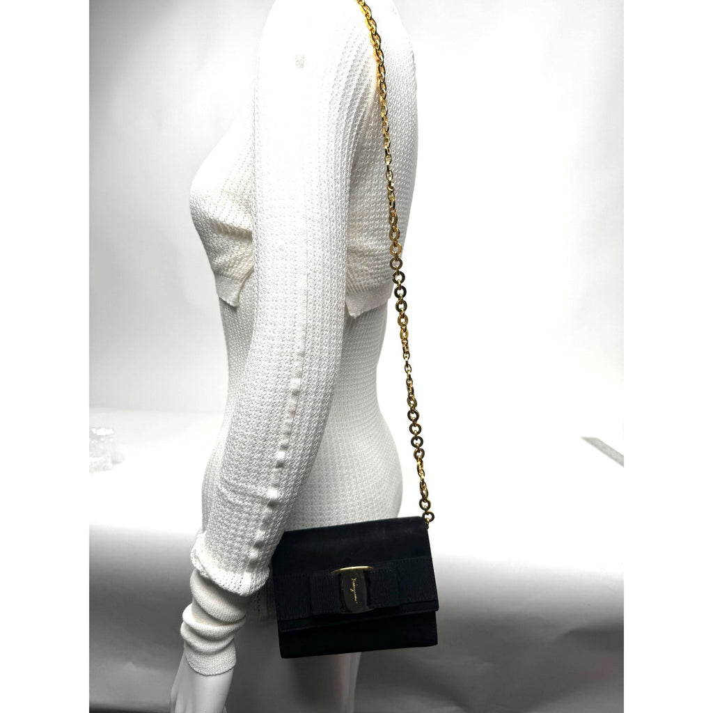 Ferragamo Black Ginny Suede Gold Removable Chain Shoulder Waist Belt Bag