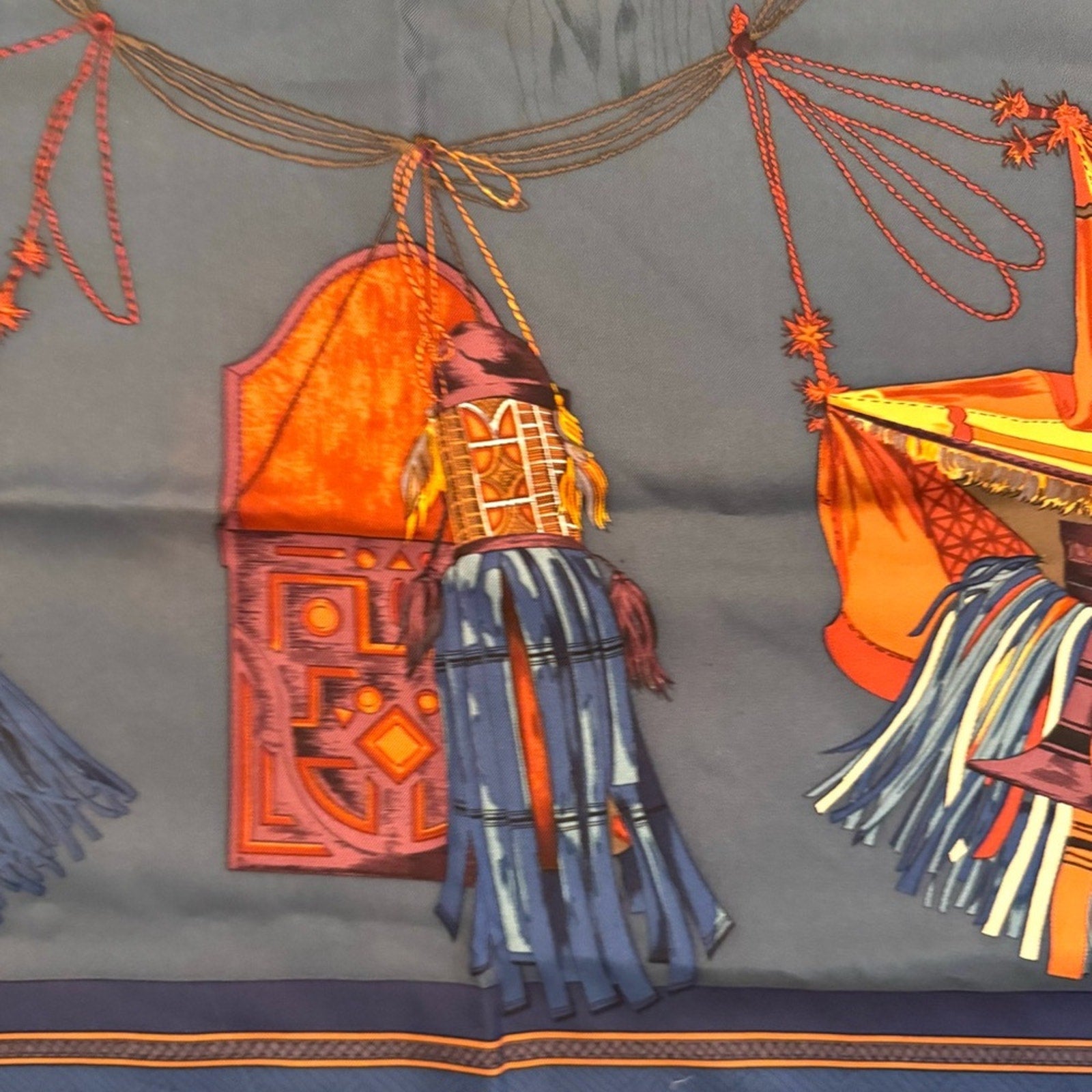 Hermès silk scarf in a darker blue and maroon Color Way, Middle Eastern motif