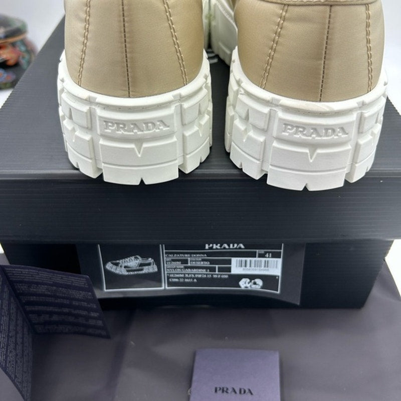 Women's Prada double wheel nylon gabardine sneakers, desert beige size 41