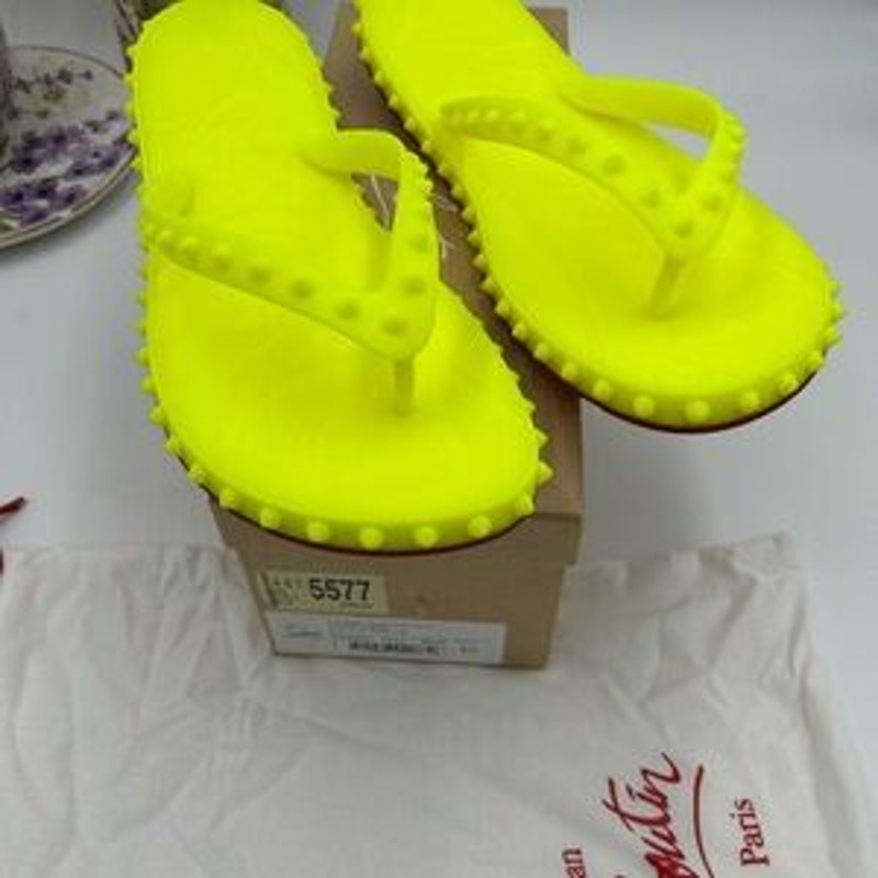Men's Christian Louboutin neon rubber thong, sandal, size 46