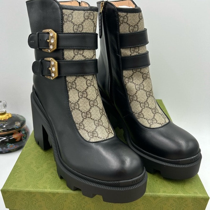 Women's Gucci Supreme ankle boots with rhinestone studded buckles size 41.5