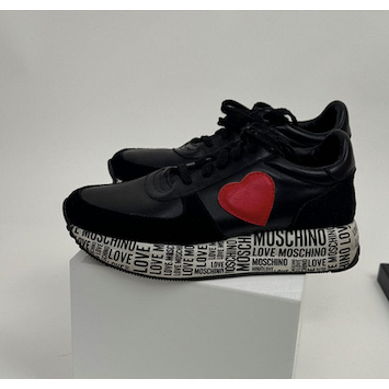 Women's Love Moschino Heart Patch Platform Sneakers Black Red Size 8 EU 38