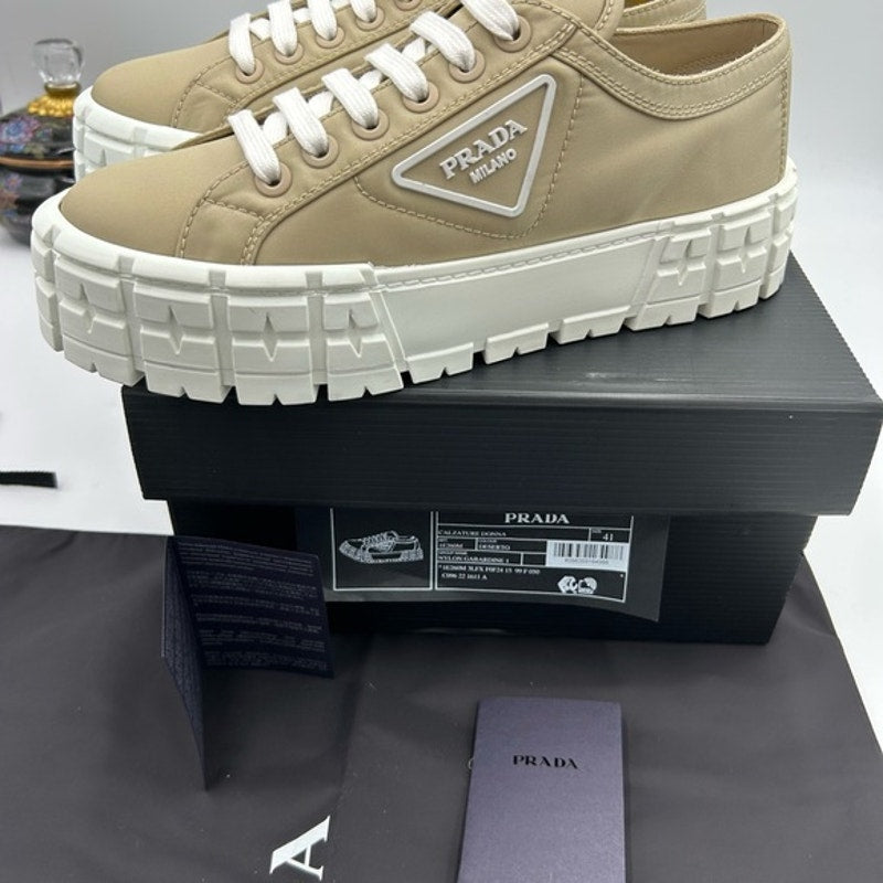 Women's Prada double wheel nylon gabardine sneakers, desert beige size 41