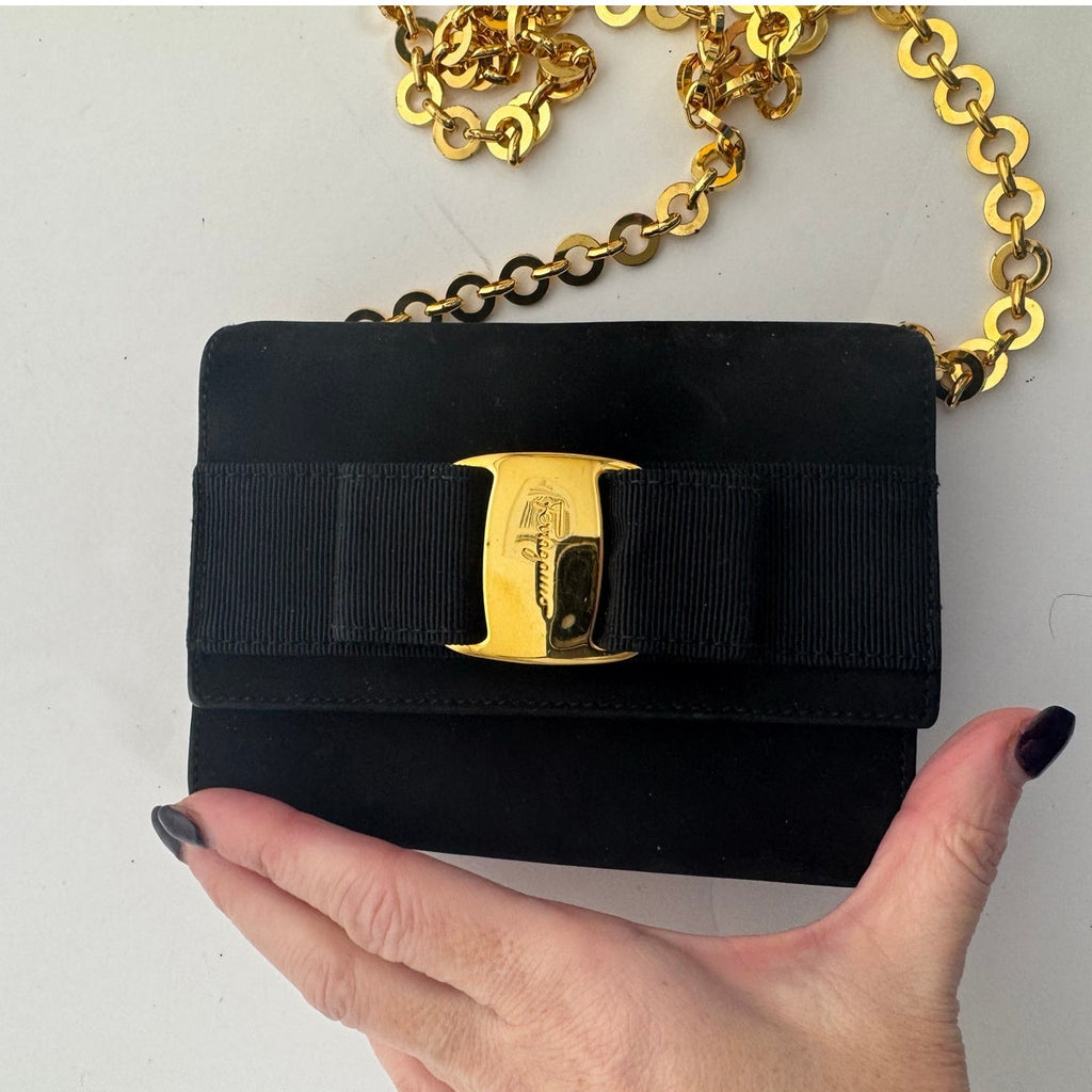 Ferragamo Black Ginny Suede Gold Removable Chain Shoulder Waist Belt Bag
