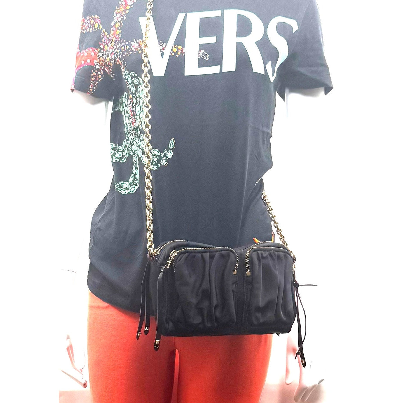 Women's MZ Wallace Black Nylon Bedford Crossbody Bag with Chain Link Strap