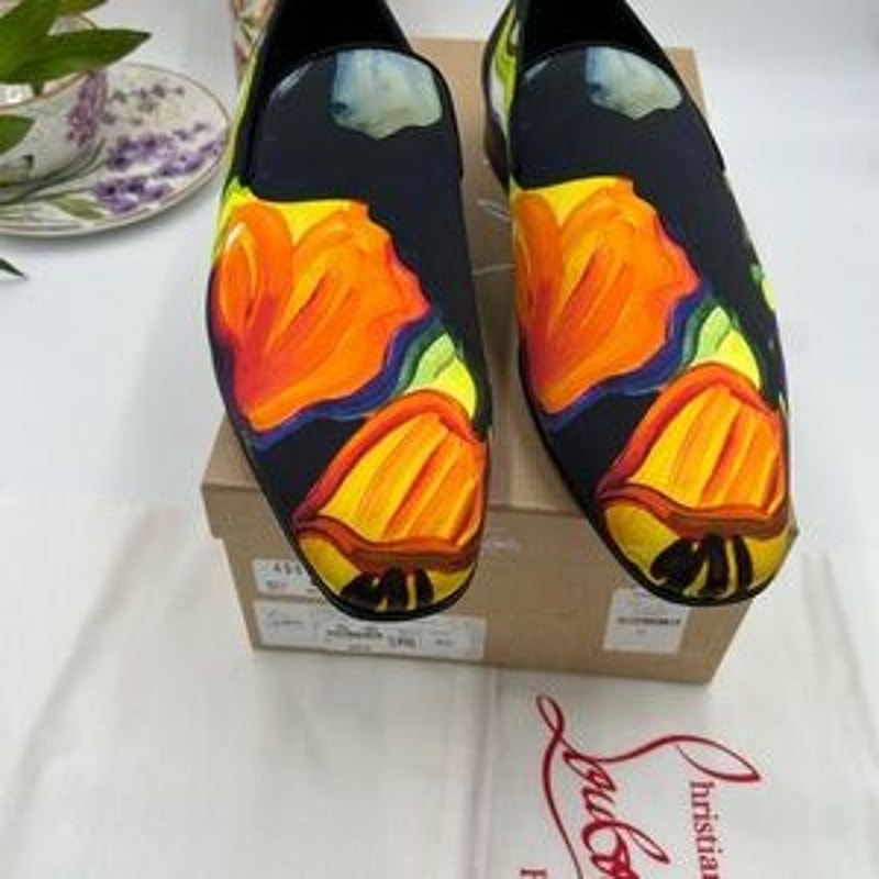 Men's Christian Louboutin, dandy chick roses, satin loafers size 46 made Italy