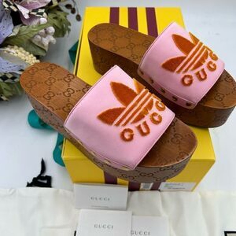 Women’s Gucci, X Adidas, pink satin GG clogs size 37 made in Italy.