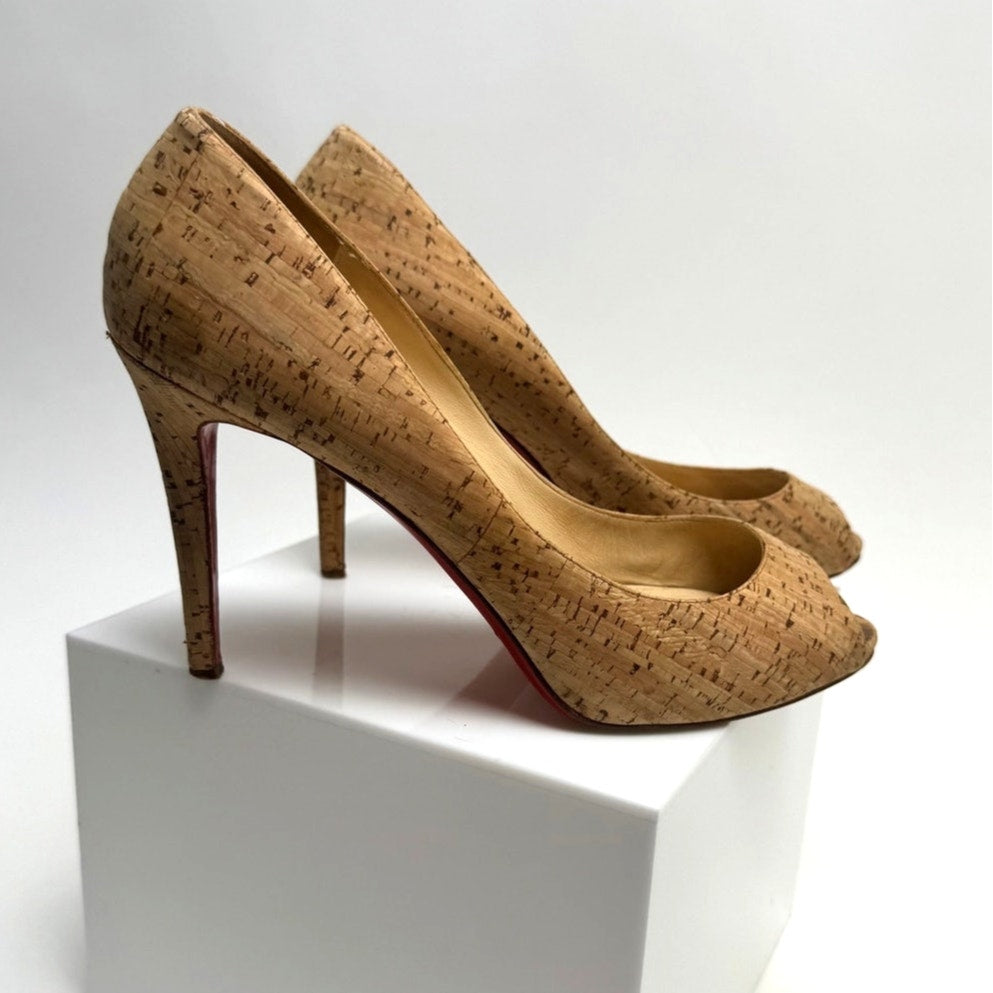 Christian Louboutin Neutral Cork Peep Toe Pump Heels Size 40 / US 10