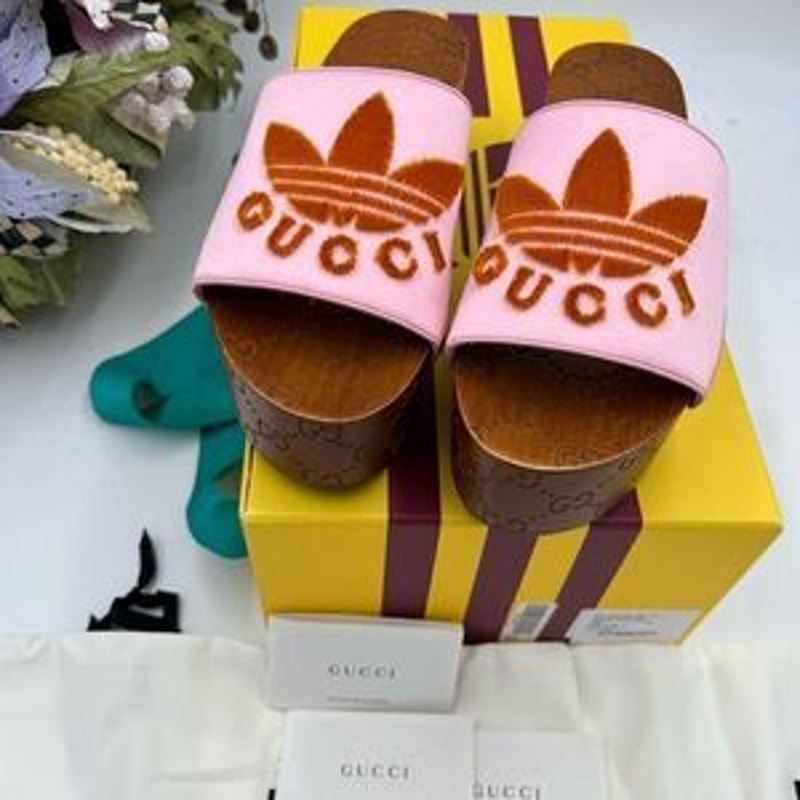 Women’s Gucci, X Adidas, pink satin GG clogs size 37 made in Italy.
