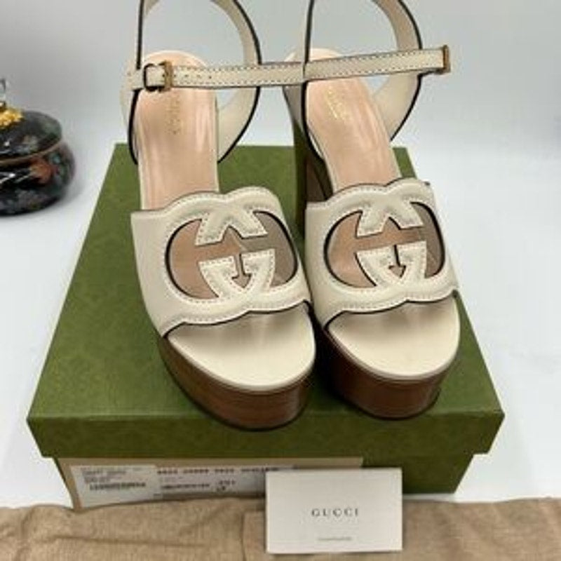 Women's Gucci interlocking G leather platform sandals size 39.5 made in Italy