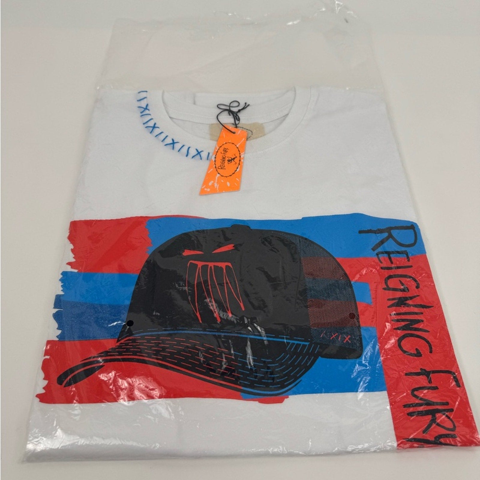 Men’s Reigning Fury-Blue Ghost of Trucker T White
Size L, limited edition NWT’s