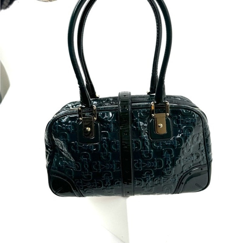 Gucci Vintage Green Blue Black patent leather top handle bag w/gold hardware