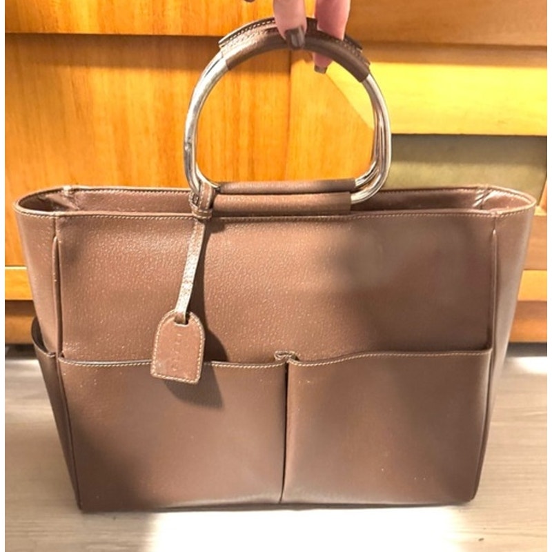 Gucci Tom Ford Brown Leather Silver circular top handle, 2 pocket snap top tote
