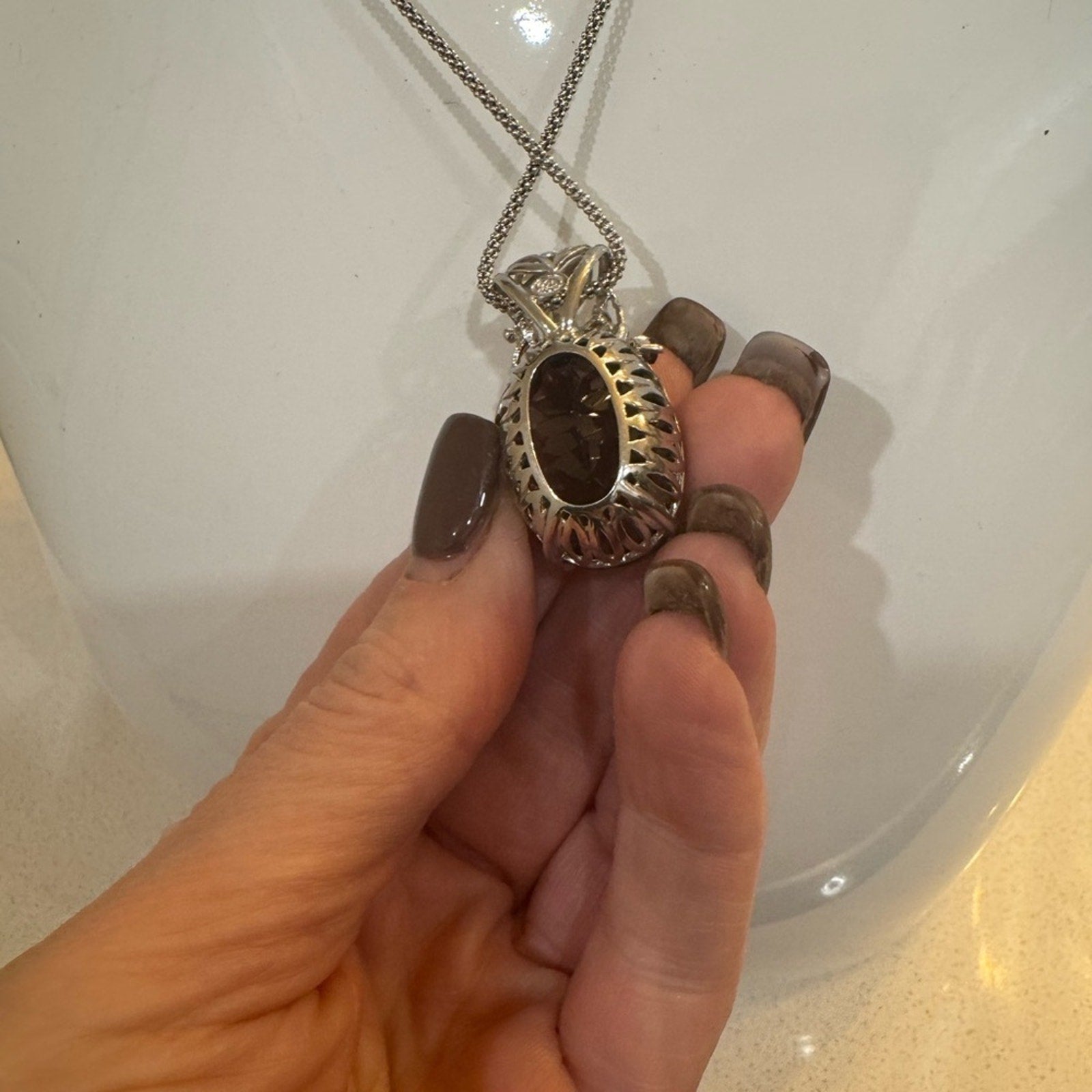 Enormous Smoky Quartz & smaller semiprecious gemstones elaborate setting silver