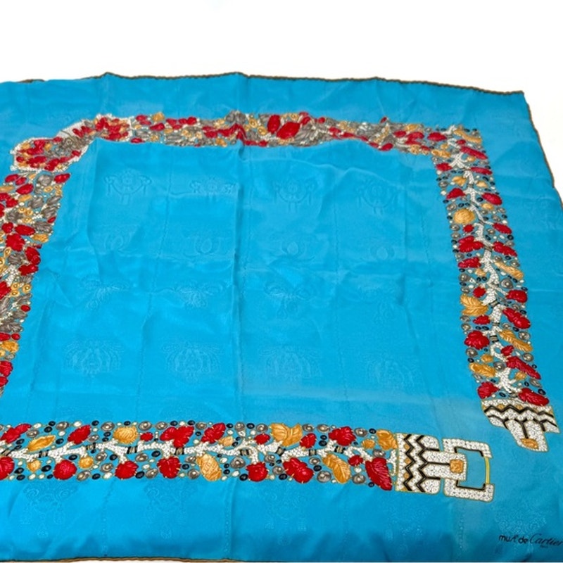 Cartier Scarf, Blue w/ Jewel motif and buckle detail