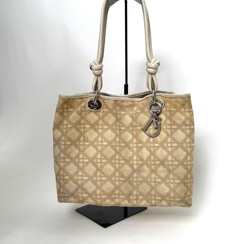 Dior canvas Canage shoulder tote with knotted leather straps/silver hardware