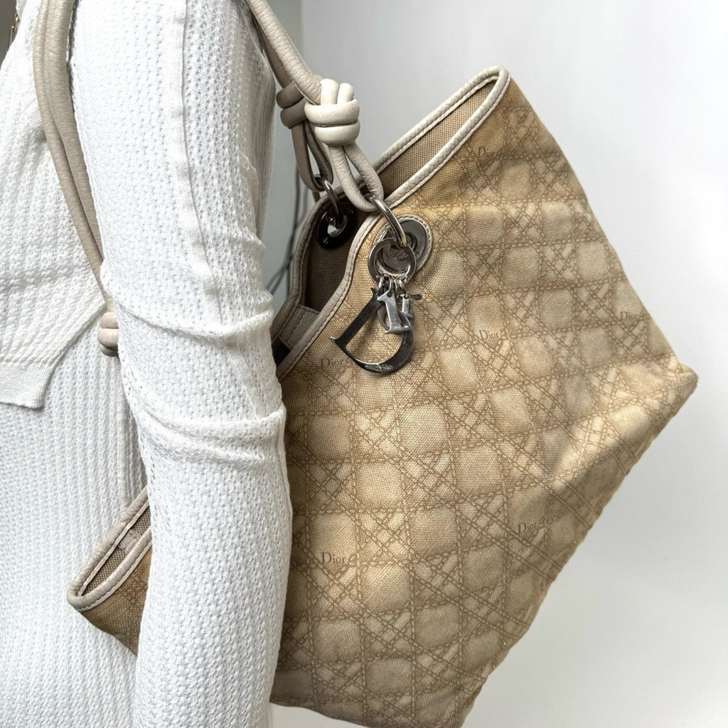 Dior canvas Canage shoulder tote with knotted leather straps/silver hardware