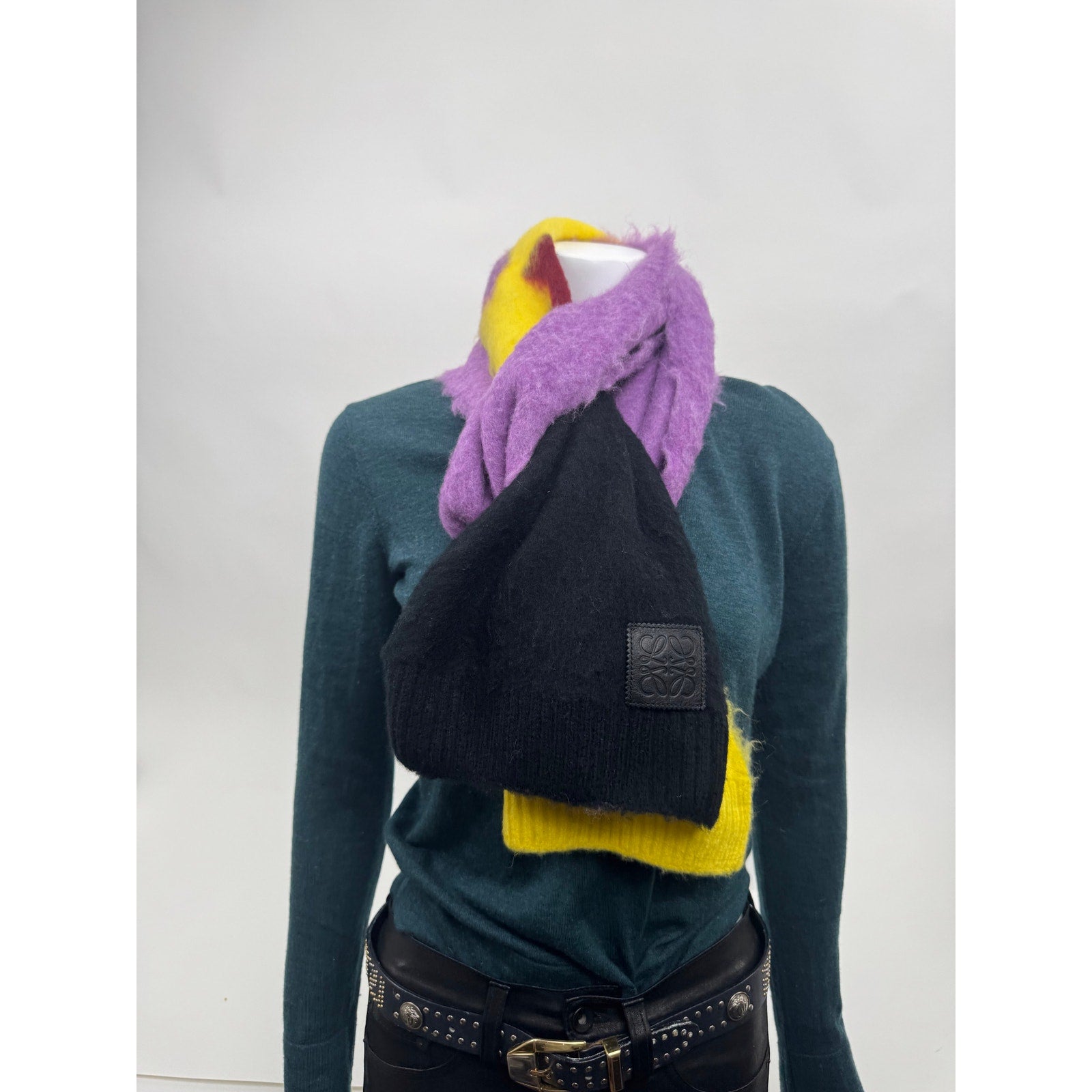 Loewe Intarsia Abstract Multicolor Wrap Knit Wool Blend Scarf