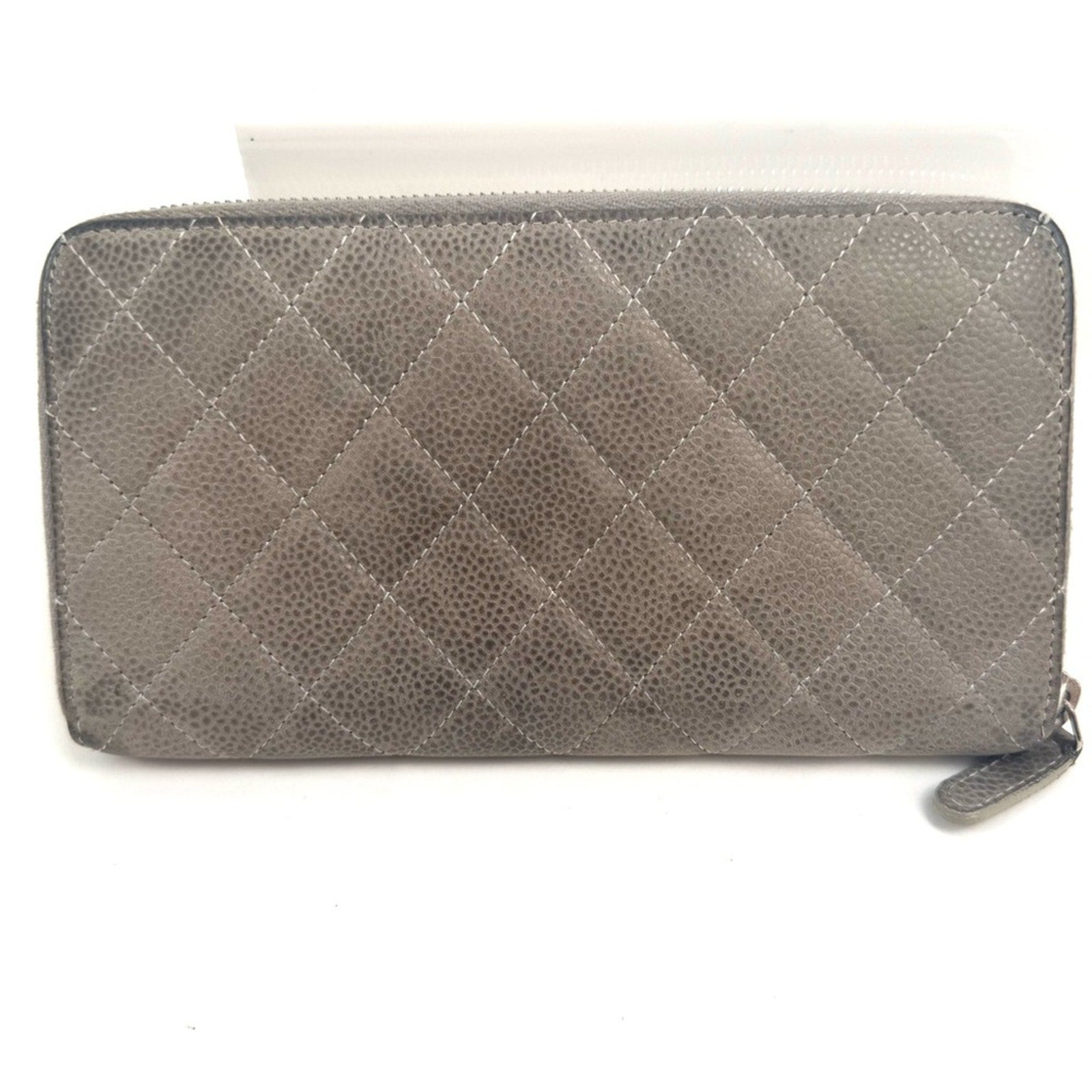 Women’s Chanel zip around long wallet, gray quilted pattern ombre holo present