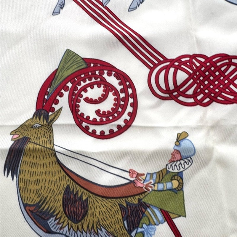 Hermes silk scarf red/blue colorway/whimsical sleds horses w/flourishes of color