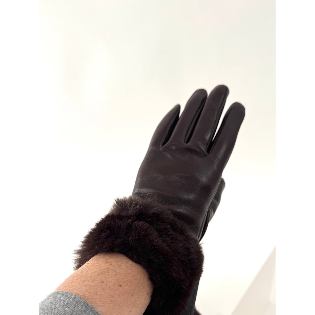 Women's Tahari NWT Brown Leather Gloves With Faux Fur Cuffs