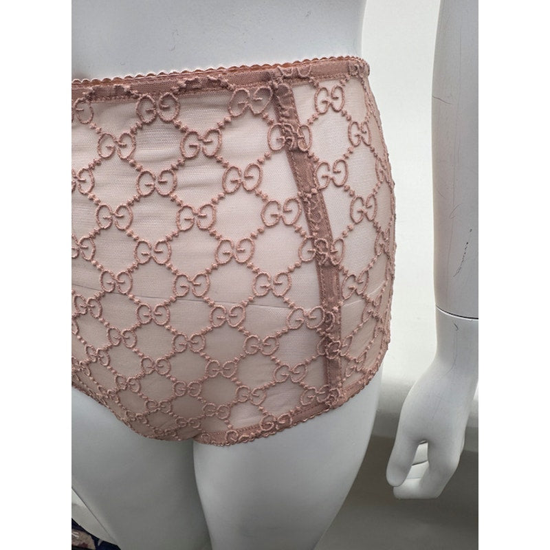 Gucci NWT Blush Pink GG Logo Lace Bra & High Waist Briefs Lingerie Set Size S