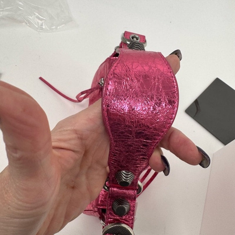 Balenciaga Metallic Agneau Arena Le Cagole Sling Bag XS in Pink. NWT’s & Dusty