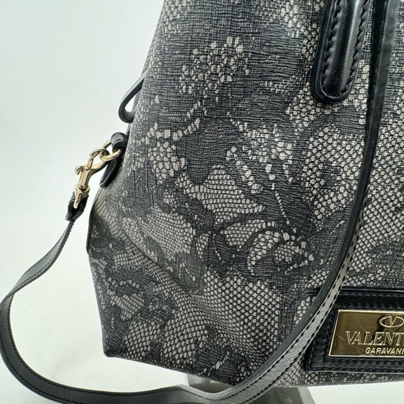 Valentino Garavani Black Lace Top Handle Bag with 3 sections and gold feet