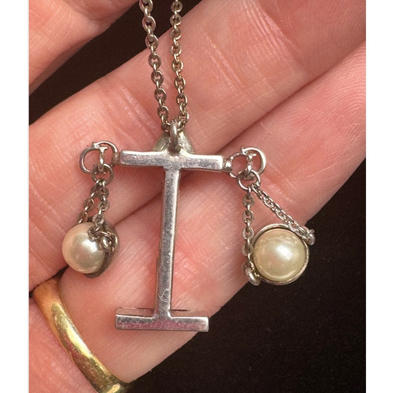 Christian Dior Silver Scale of Justice Charm Necklace with Pearls & Crystals