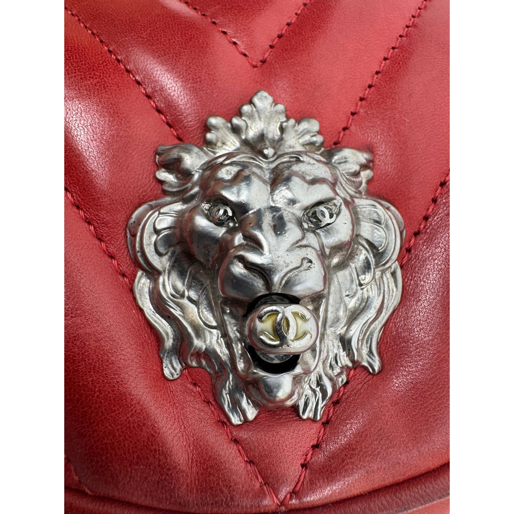 Chanel Red Chevron Leo Lion Flap Bag Lambskin Leather Shoulder Bag