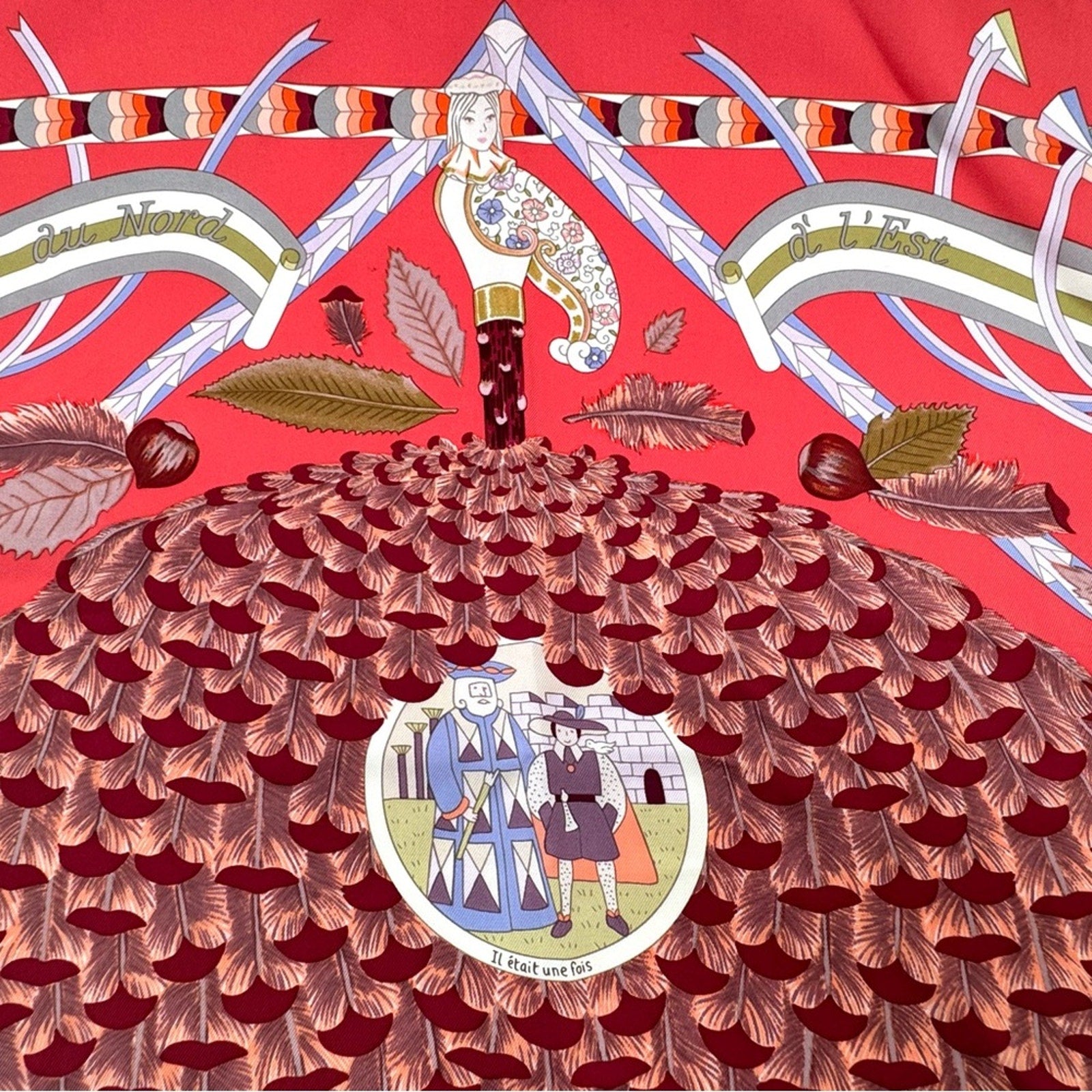 Hermes, silk scarf. The theme is the magic umbrella, coral colorway w/vignettes.