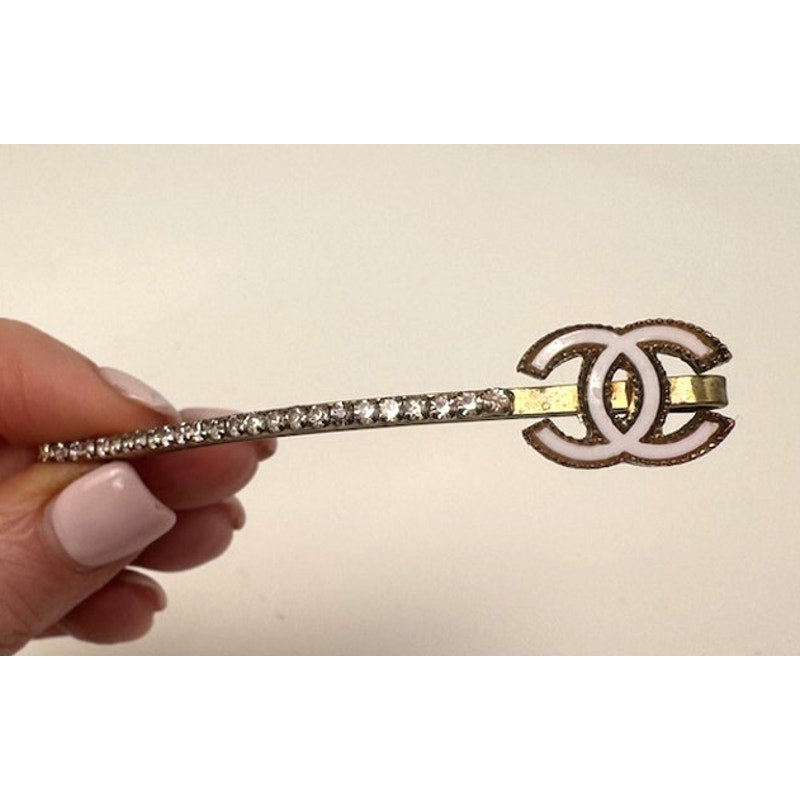 Chanel CC Enamel and Crystal White & Gold Tone Hair Pin
