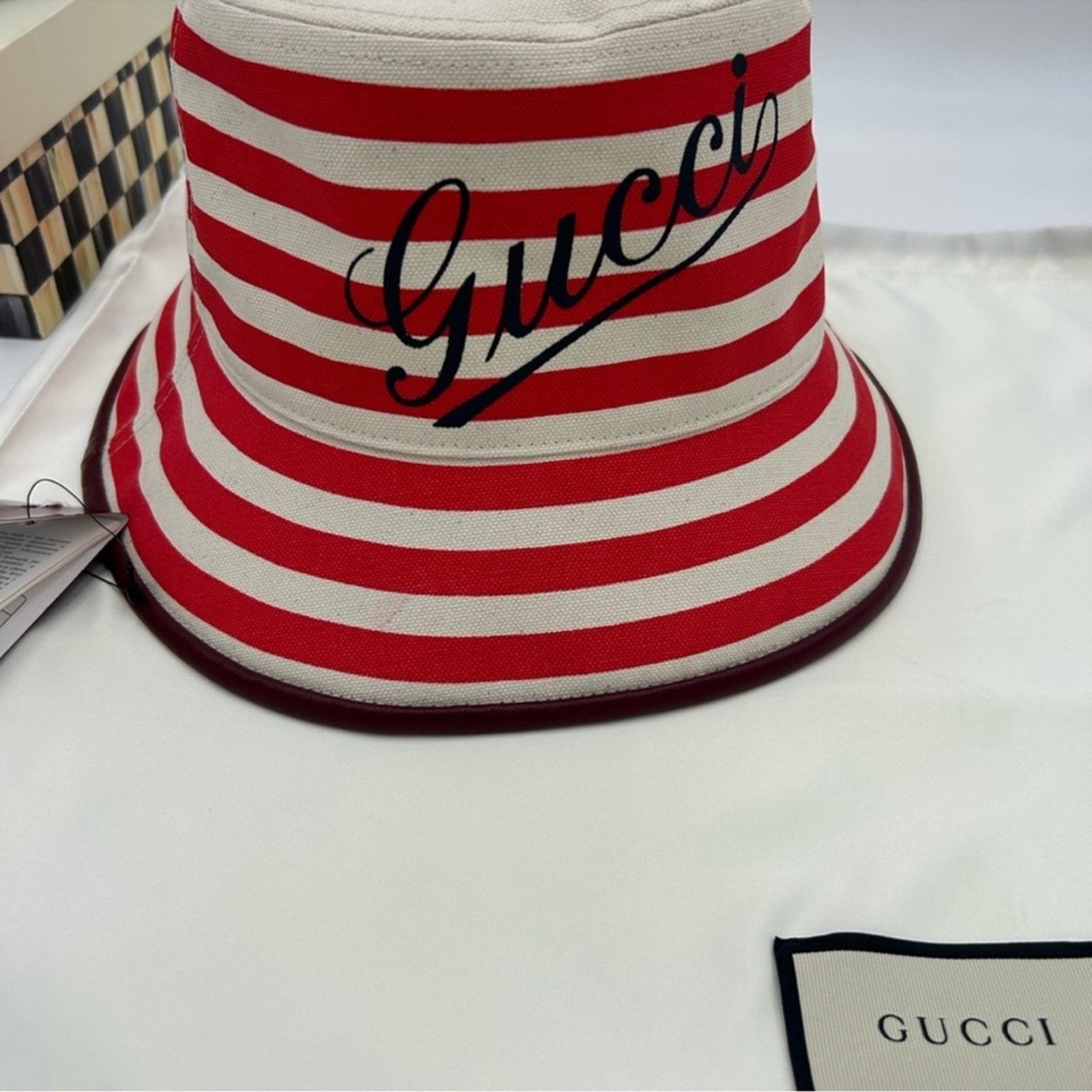 Women's Gucci, striped canvas, bucket, hat, size large made in Italy NWT