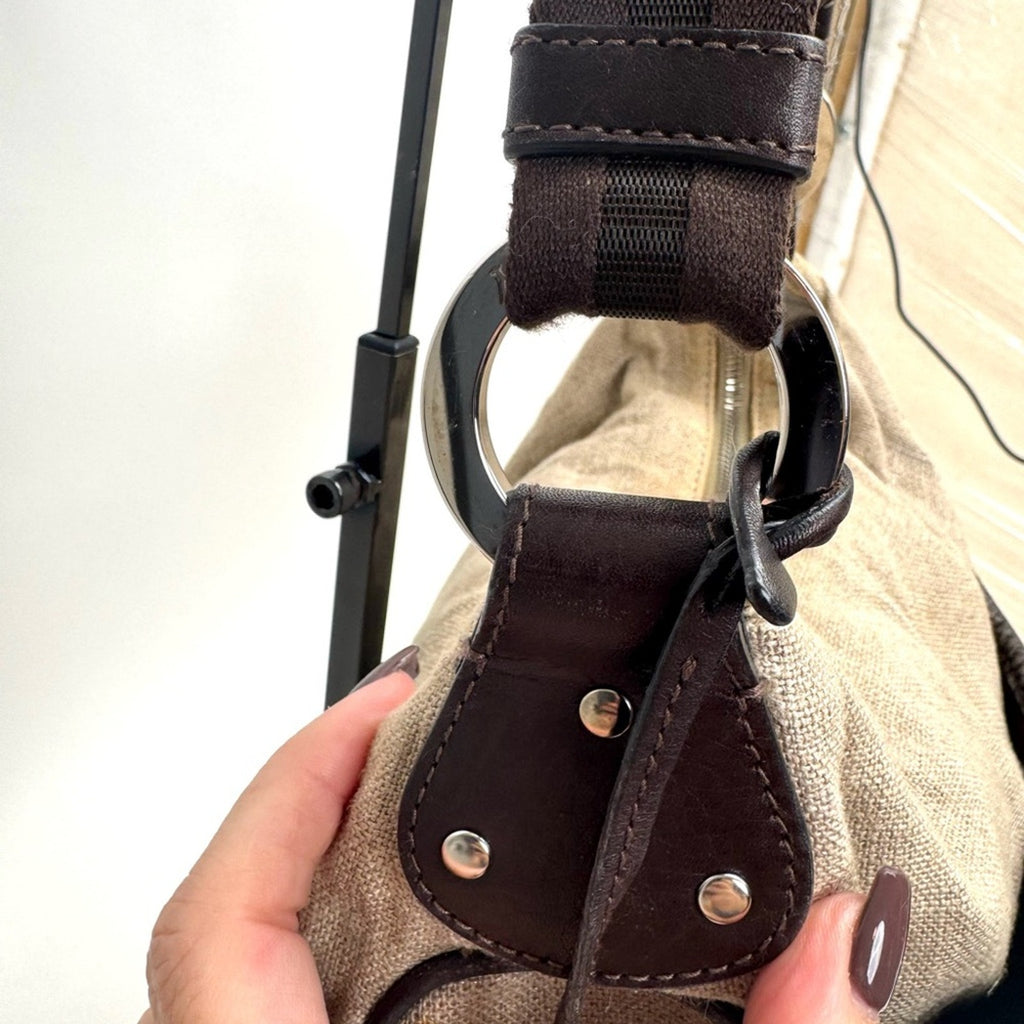 Bally linen shoulder bag /leather piping/web strap and  silver Bally purse charm