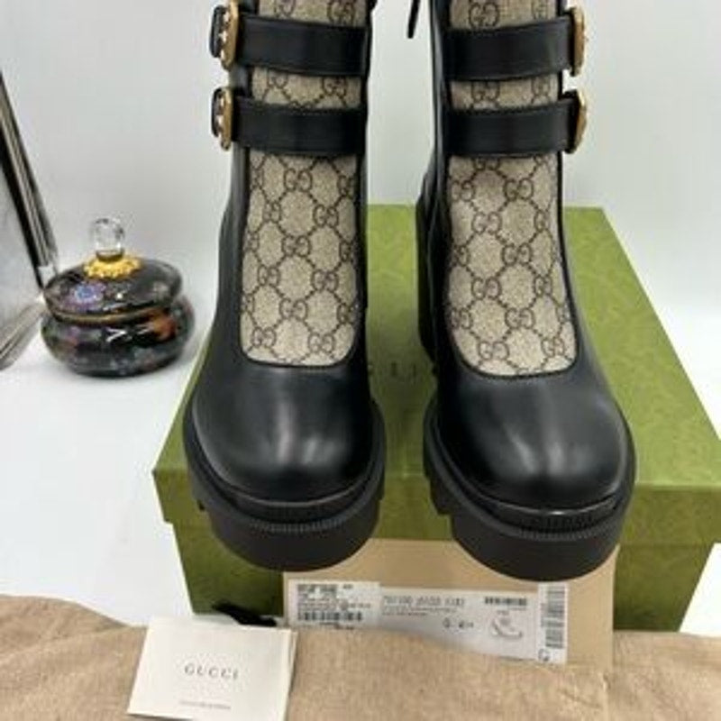 Women's Gucci Supreme ankle boots with rhinestone studded buckles size 41.5