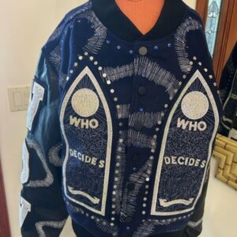 Men's WHO DECIDES war hardware, varsity jacket, size XL