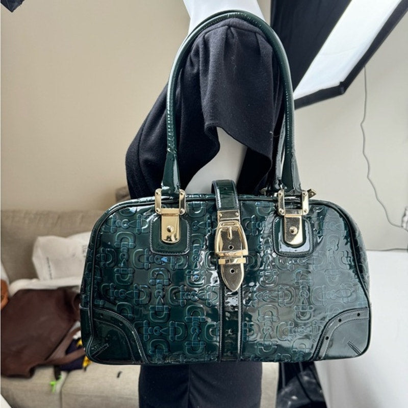 Gucci Vintage Green Blue Black patent leather top handle bag w/gold hardware