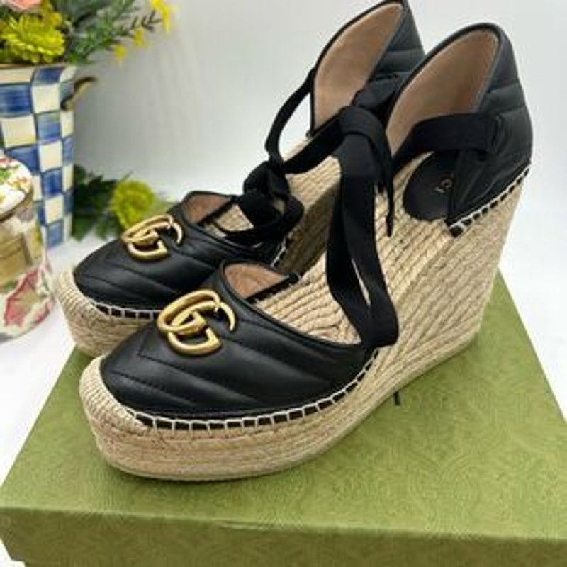 Women's Gucci GG Marmont ankle tie, wedge espadrilles size 40.5 made in Spain