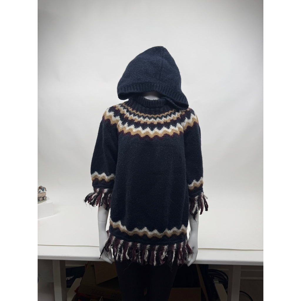 Women's RED Valentino Fair Isle Fringe Hooded Poncho Sweater Cape – Size M