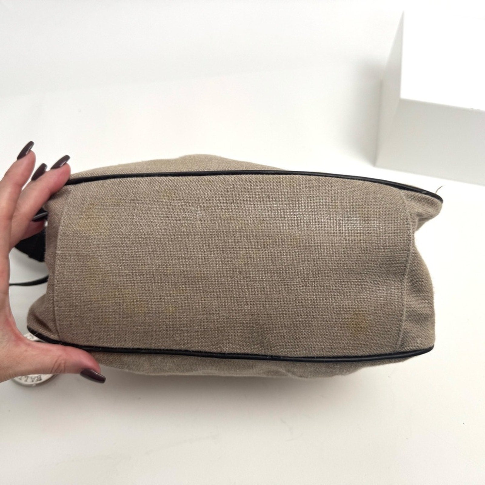 Bally linen shoulder bag /leather piping/web strap and  silver Bally purse charm