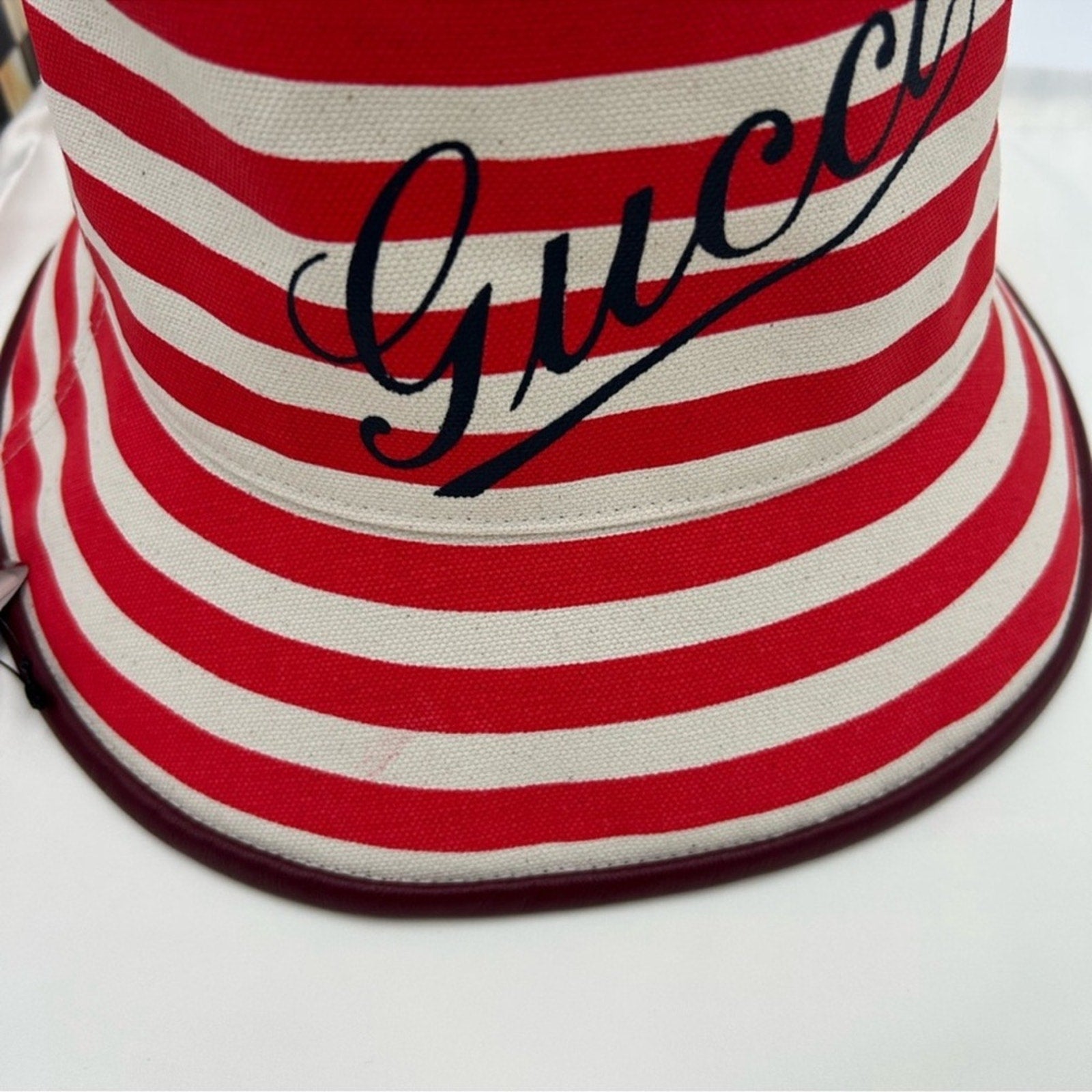 Women's Gucci, striped canvas, bucket, hat, size large made in Italy NWT