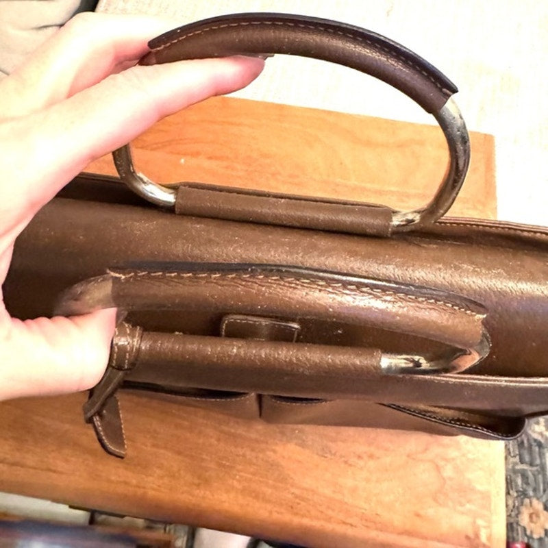 Gucci Tom Ford Brown Leather Silver circular top handle, 2 pocket snap top tote