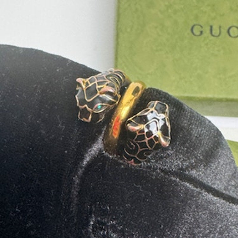 Gucci Garden Tiger Head Statement Ring Gold Plated with Green Crystal Eyes Sz 7