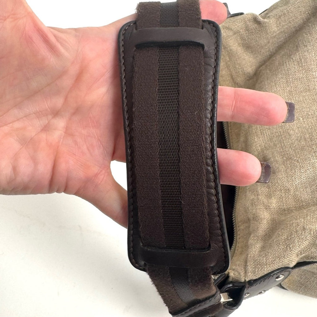 Bally linen shoulder bag /leather piping/web strap and  silver Bally purse charm