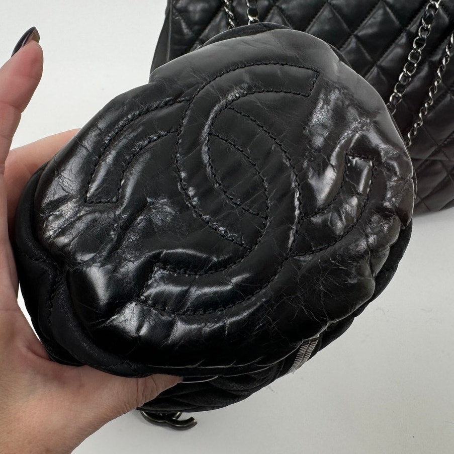 Chanel Black 3-way Leather & Patent Bag w/ Huge CC Charm /Runway Barrel Bag