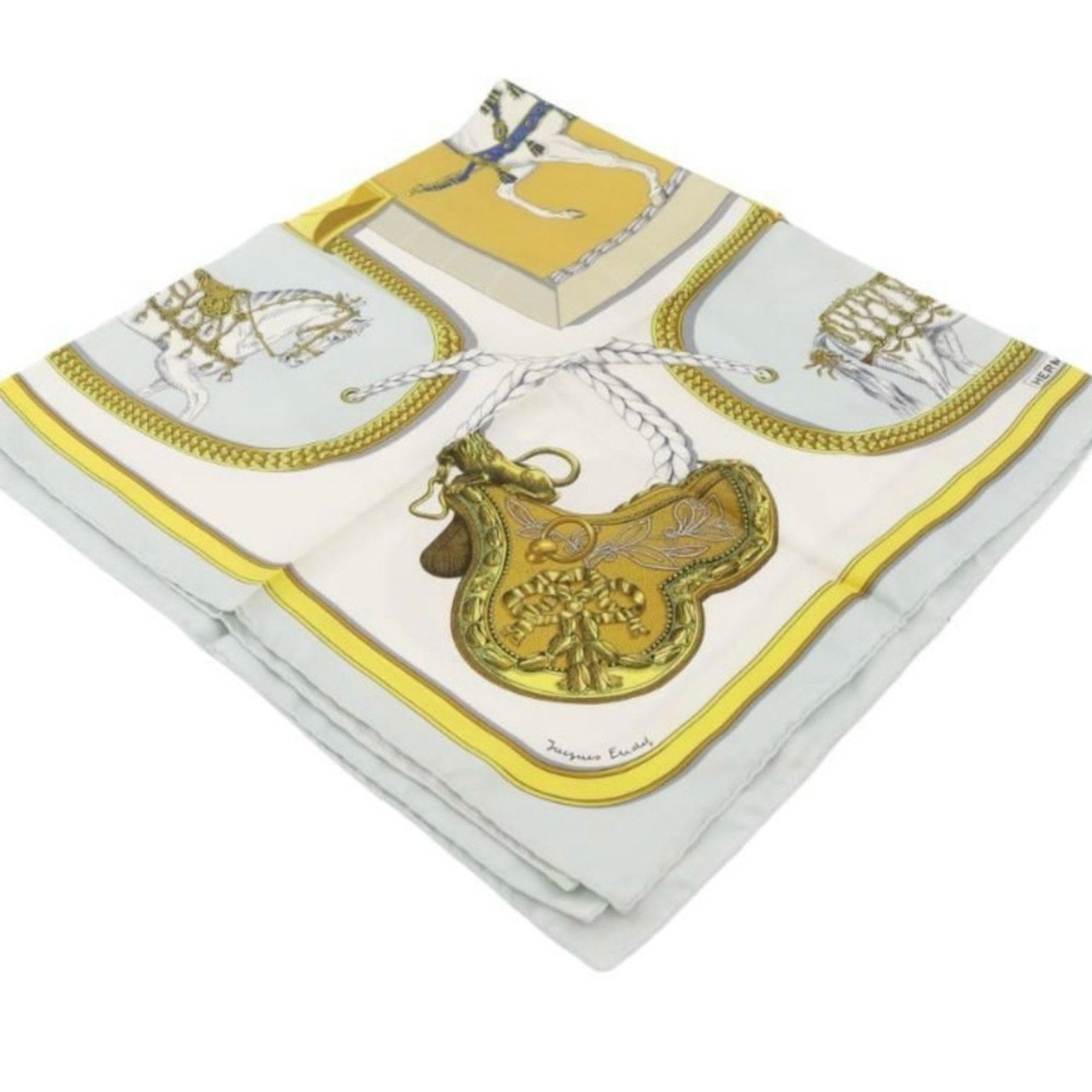 Hermès Equestrian Print Silk Scarf with Different horse images in each frame