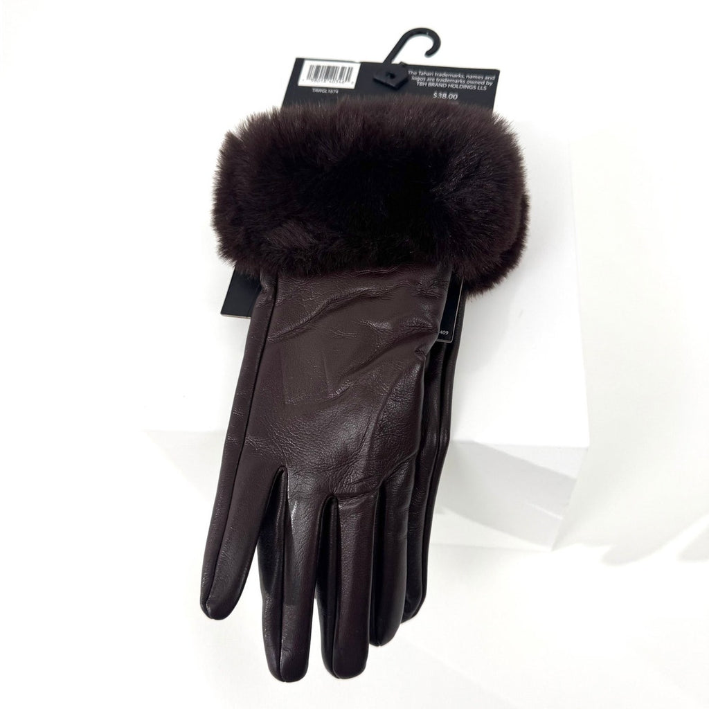 Women's Tahari NWT Brown Leather Gloves With Faux Fur Cuffs